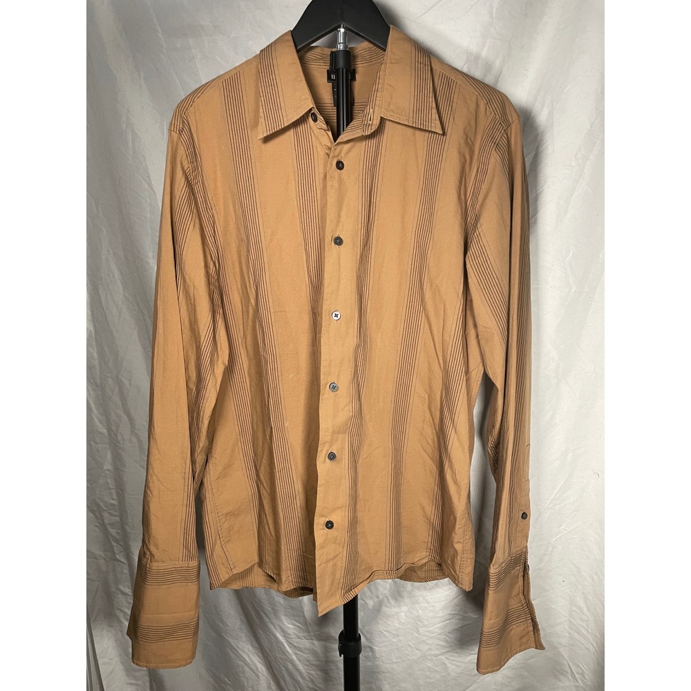 111 State Mens Tan Pinstripe Long Sleeve Button Down Cotton Shirt Size M